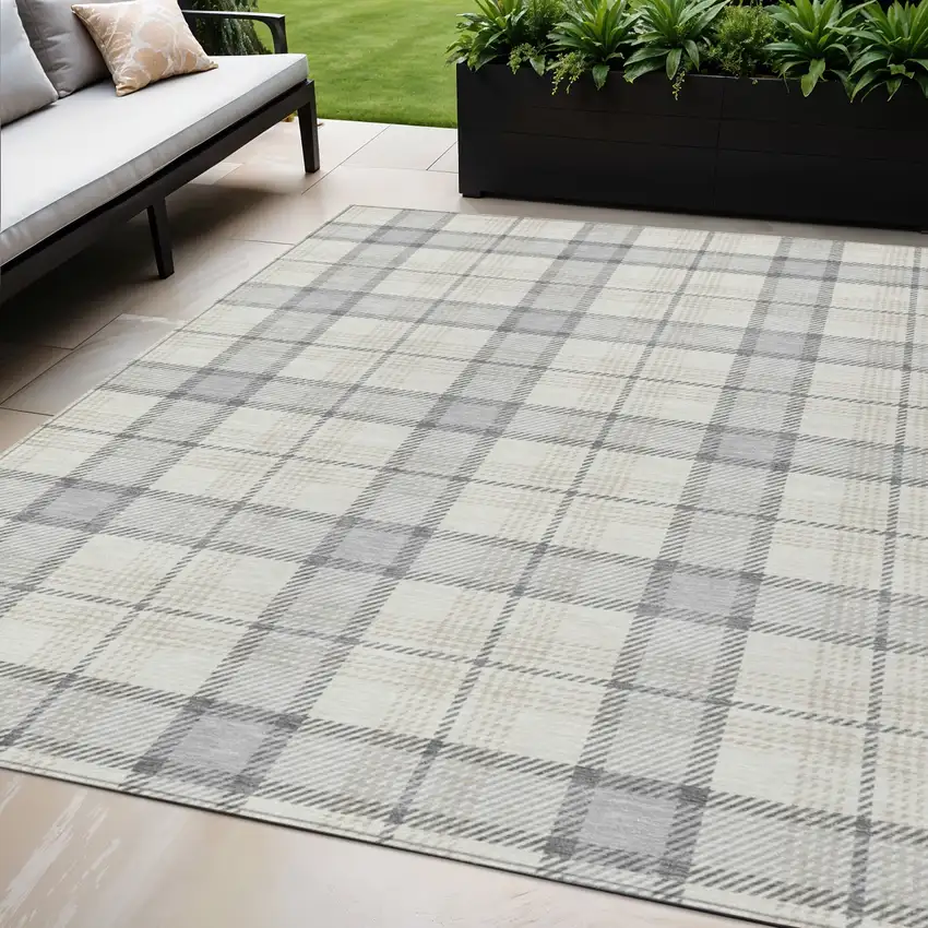 Silver And Gray Plaid Washable Indoor Outdoor Area Rug Photo 1