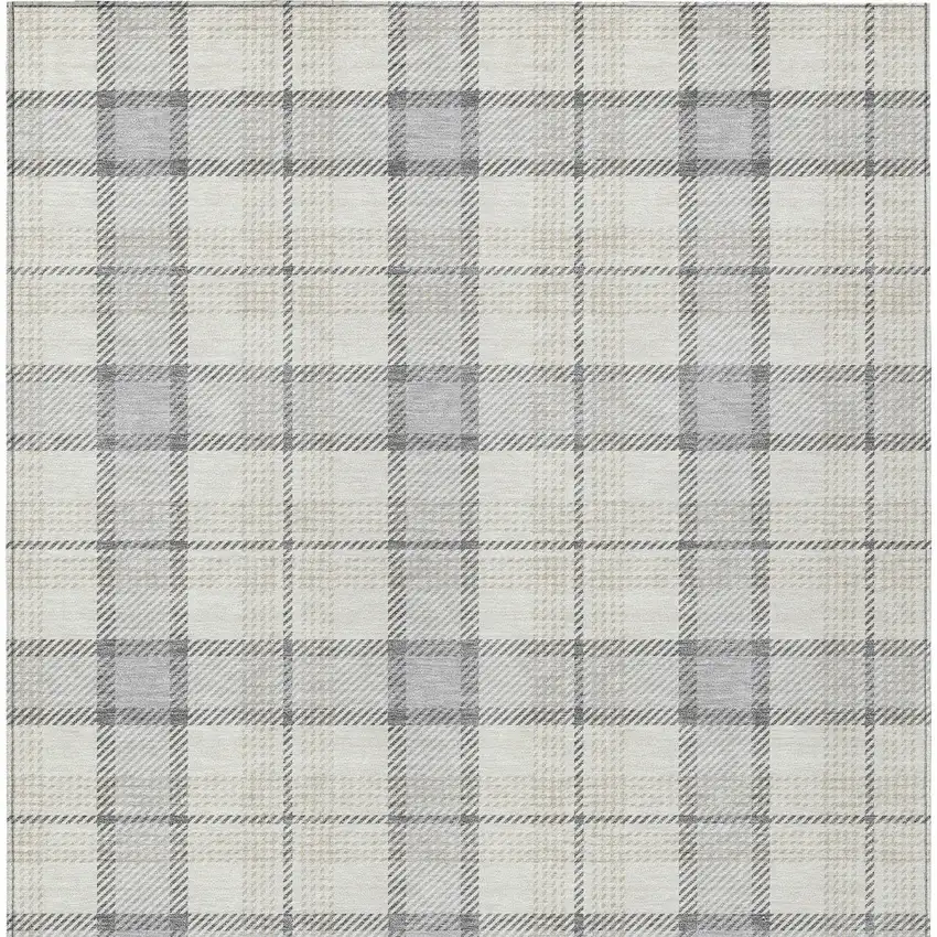 Silver And Gray Plaid Washable Indoor Outdoor Area Rug Photo 5