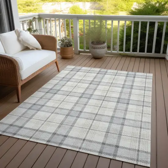 Silver And Gray Plaid Washable Indoor Outdoor Area Rug Photo 7