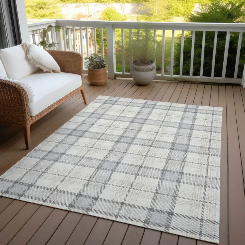 Silver And Gray Plaid Washable Indoor Outdoor Area Rug Photo 7