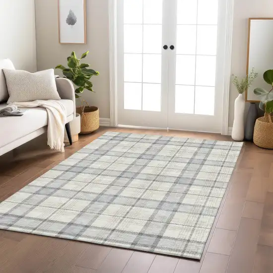 Silver And Gray Plaid Washable Indoor Outdoor Area Rug Photo 9