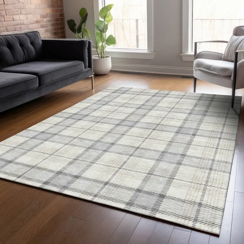 Silver And Gray Plaid Washable Indoor Outdoor Area Rug Photo 8