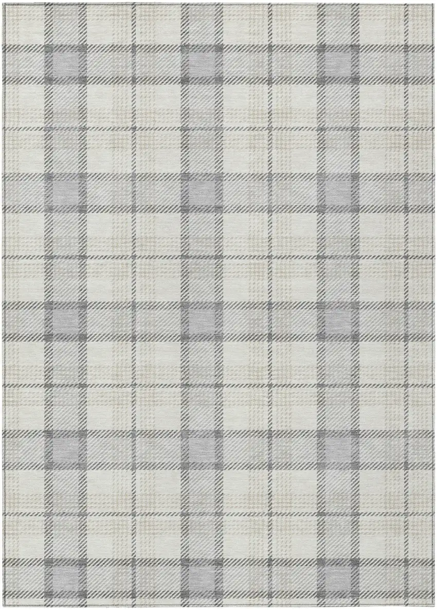 Silver And Gray Plaid Washable Indoor Outdoor Area Rug Photo 2