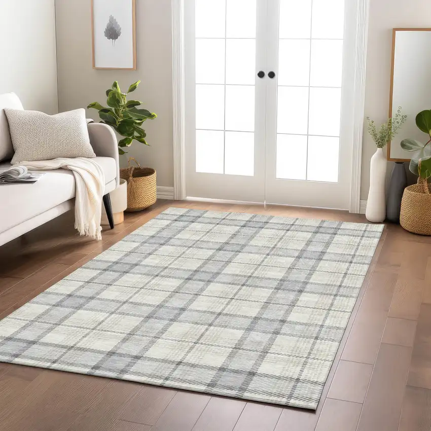Silver And Gray Plaid Washable Indoor Outdoor Area Rug Photo 9