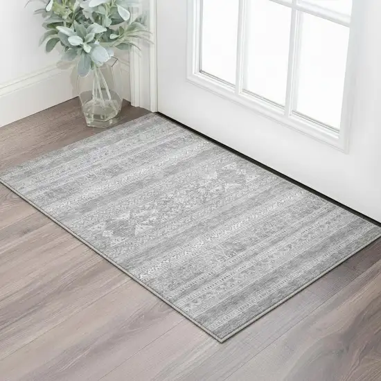 Silver And Gray Southwestern Washable Area Rug With UV Protection Photo 2