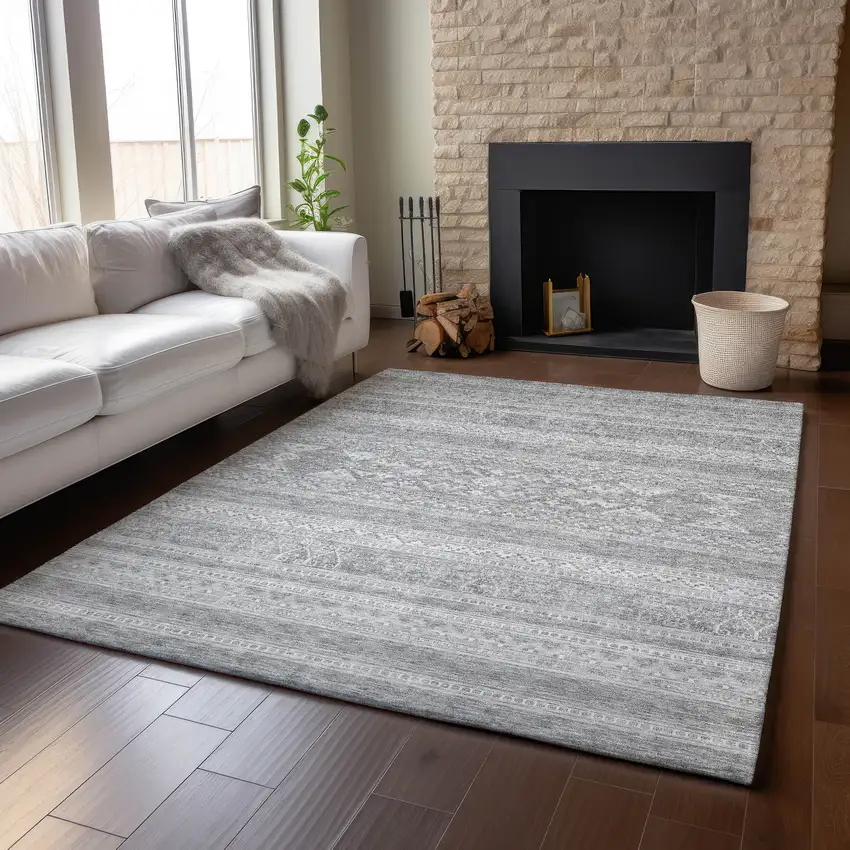 Silver And Gray Southwestern Washable Area Rug With UV Protection Photo 6