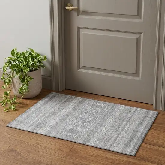 Silver And Gray Southwestern Washable Area Rug With UV Protection Photo 1