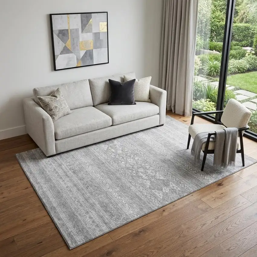 Silver And Gray Southwestern Washable Area Rug With UV Protection Photo 1