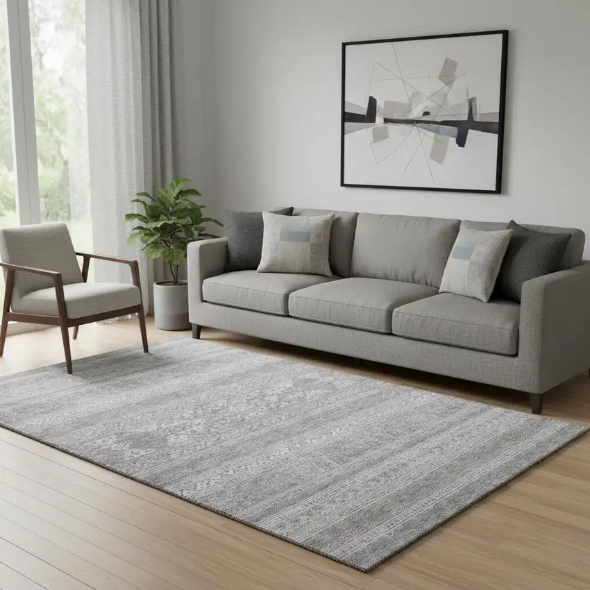 Silver And Gray Southwestern Washable Area Rug With UV Protection Photo 1