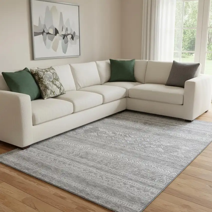 Silver And Gray Southwestern Washable Area Rug With UV Protection Photo 1