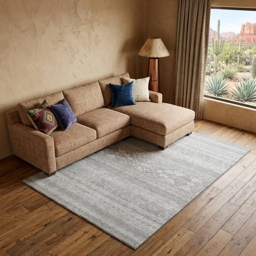Silver And Gray Southwestern Washable Area Rug With UV Protection Photo 1