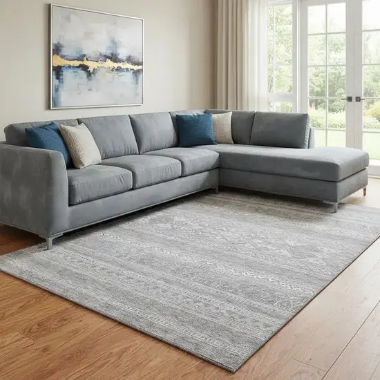 Silver And Gray Southwestern Washable Area Rug With UV Protection Photo 1