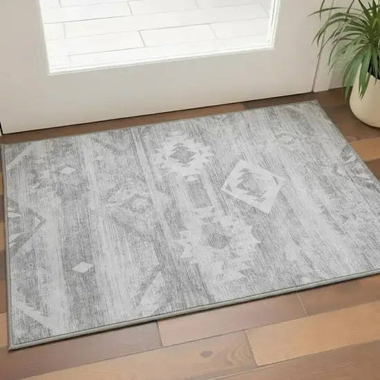 Silver And Gray Southwestern Washable Area Rug With UV Protection Photo 2
