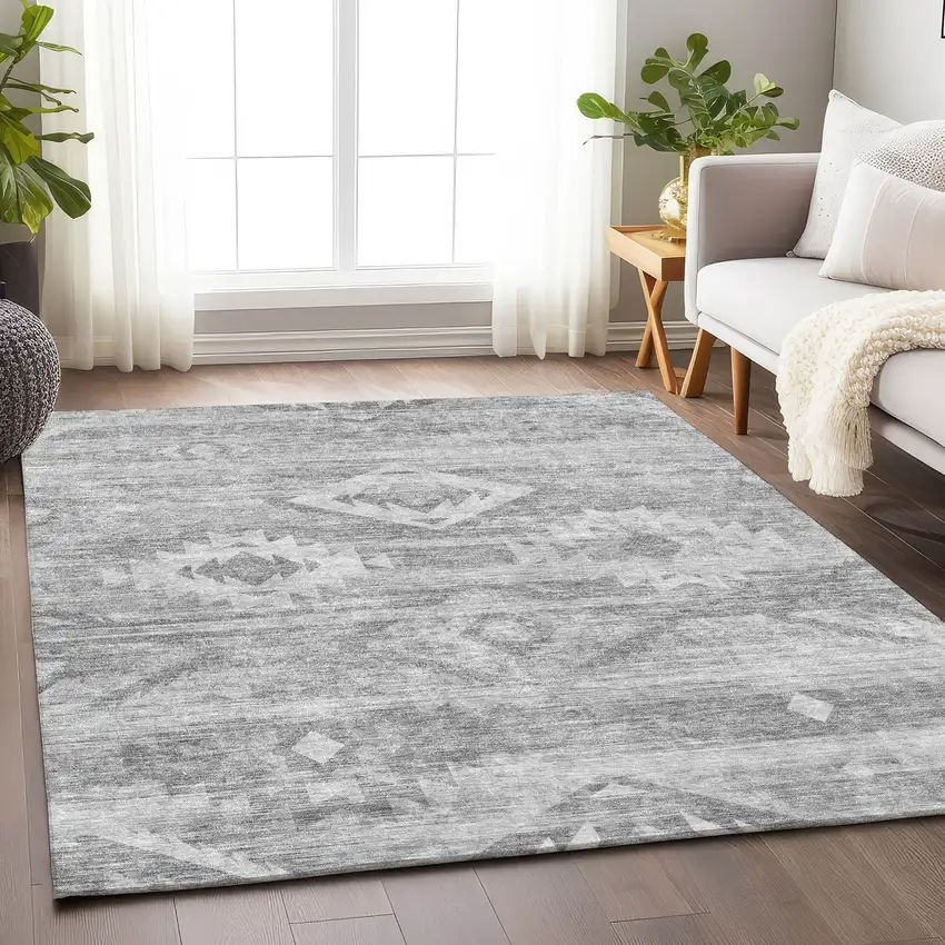 Silver And Gray Southwestern Washable Area Rug With UV Protection Photo 6