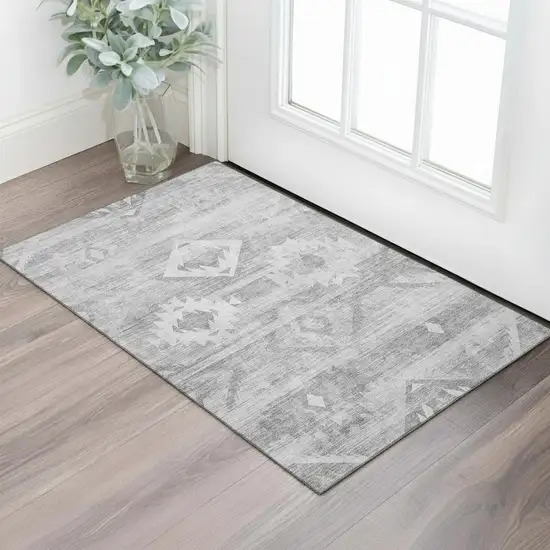 Silver And Gray Southwestern Washable Area Rug With UV Protection Photo 1