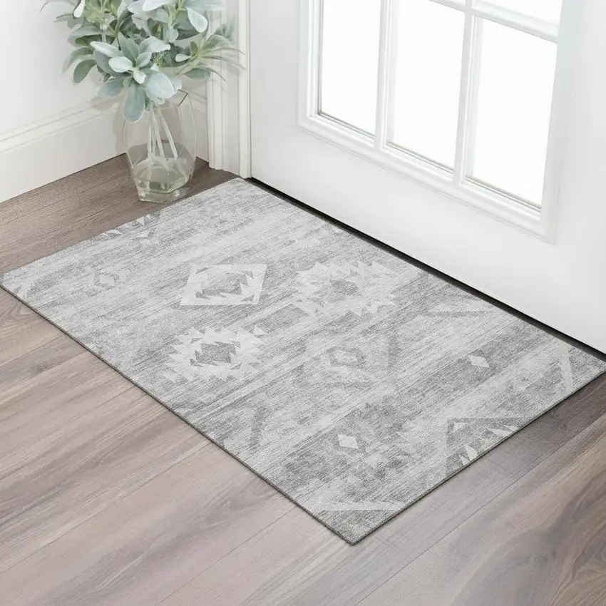 Silver And Gray Southwestern Washable Area Rug With UV Protection Photo 1