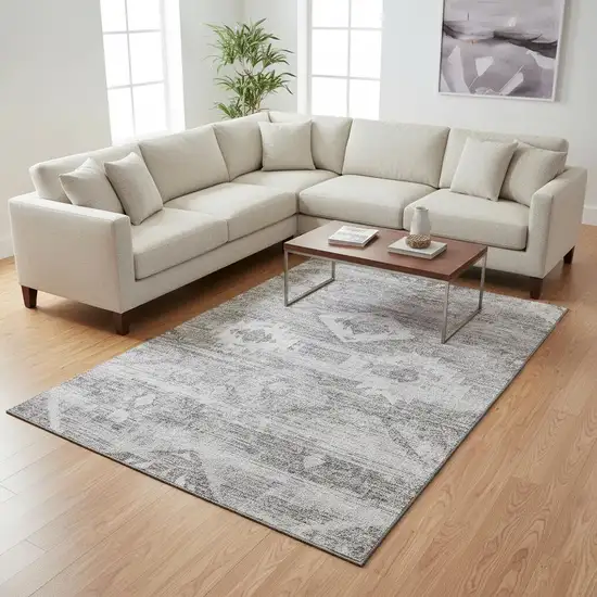 Silver And Gray Southwestern Washable Area Rug With UV Protection Photo 2