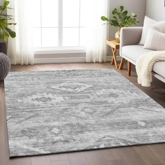 Silver And Gray Southwestern Washable Area Rug With UV Protection Photo 6