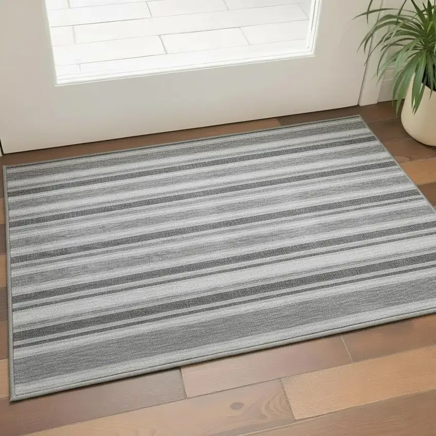 Silver And Gray Striped Washable Area Rug With UV Protection Photo 2