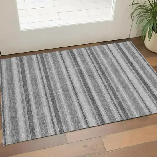 Silver And Gray Striped Washable Area Rug With UV Protection Photo 1