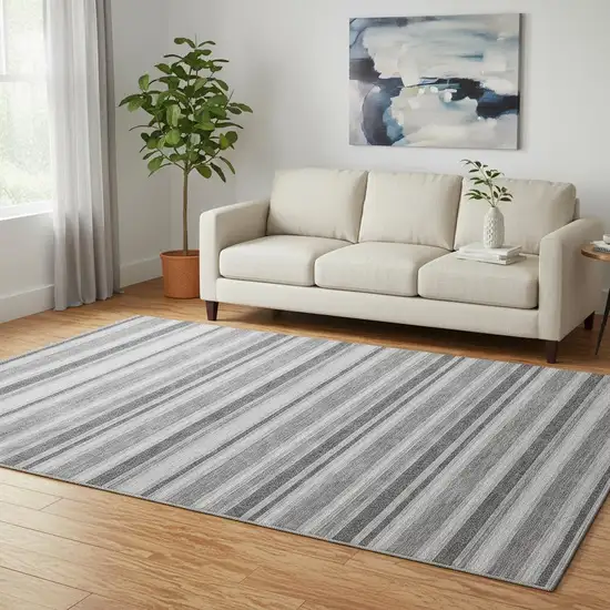 Silver And Gray Striped Washable Area Rug With UV Protection Photo 2