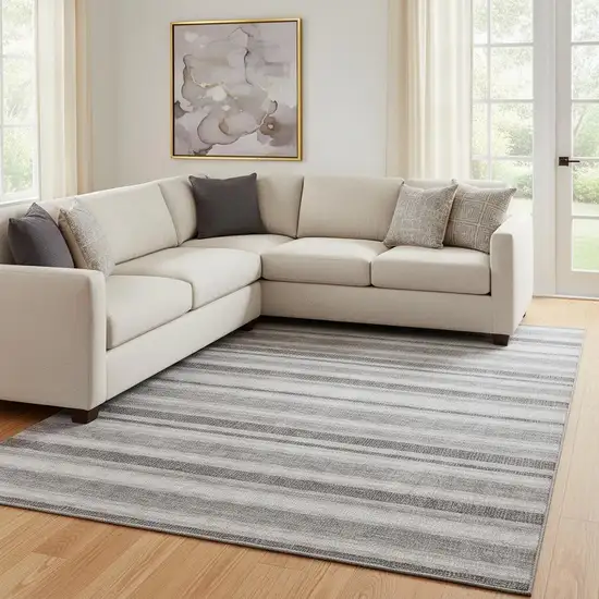 Silver And Gray Striped Washable Area Rug With UV Protection Photo 1