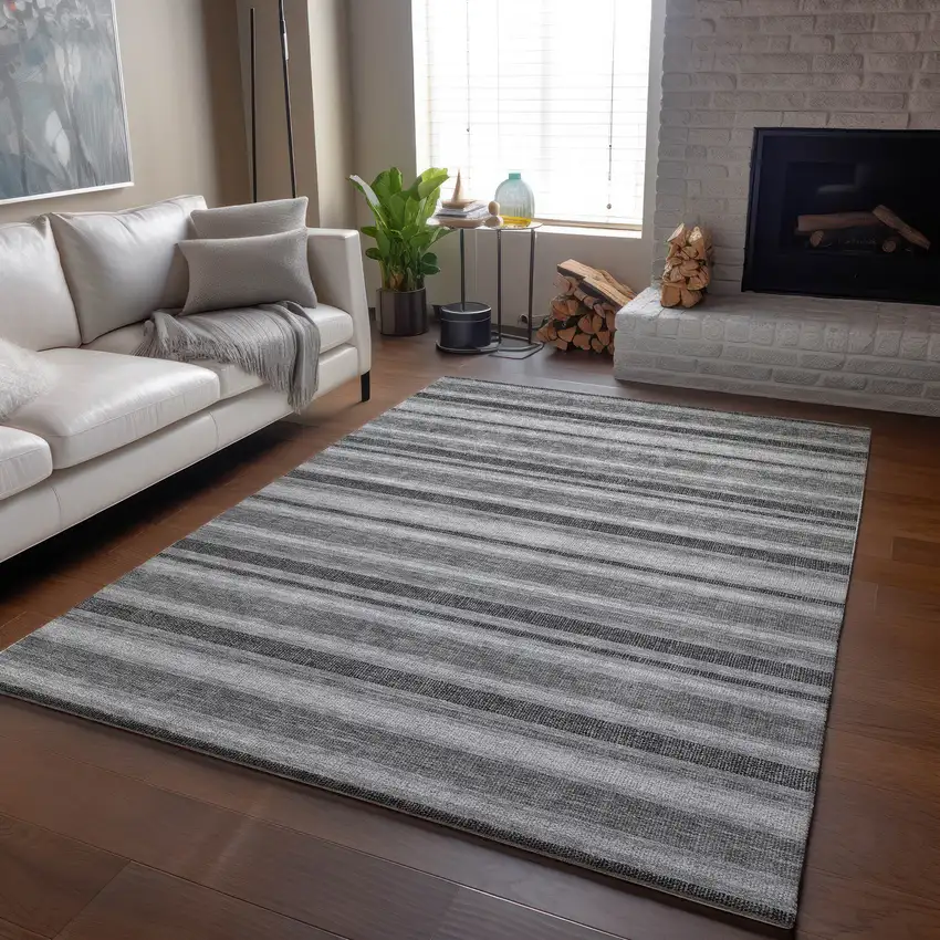 Silver And Gray Striped Washable Area Rug With UV Protection Photo 6
