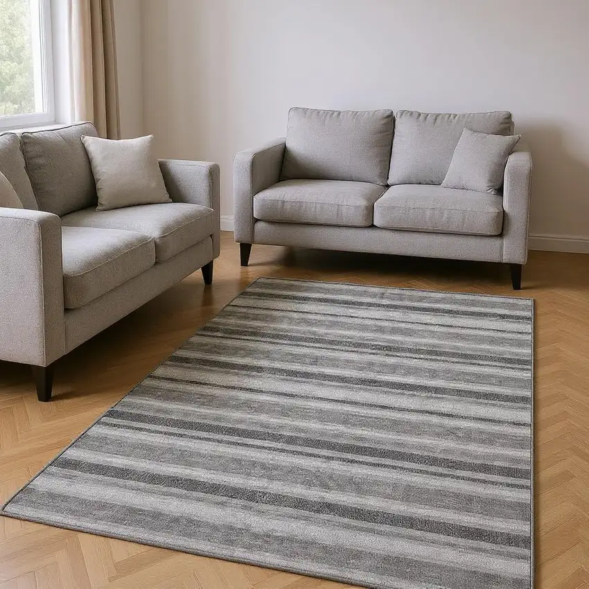 Silver And Gray Striped Washable Area Rug With UV Protection Photo 2