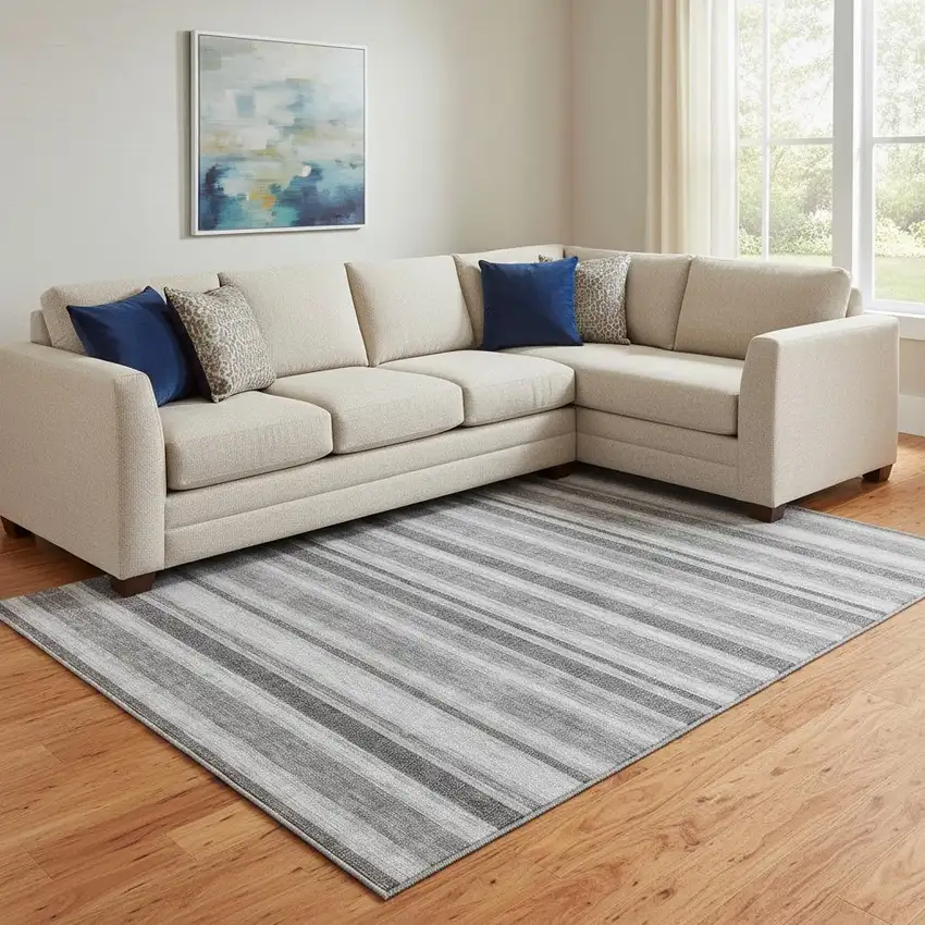 Silver And Gray Striped Washable Area Rug With UV Protection Photo 1