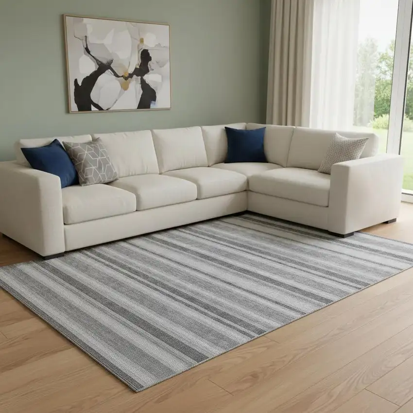 Silver And Gray Striped Washable Area Rug With UV Protection Photo 1