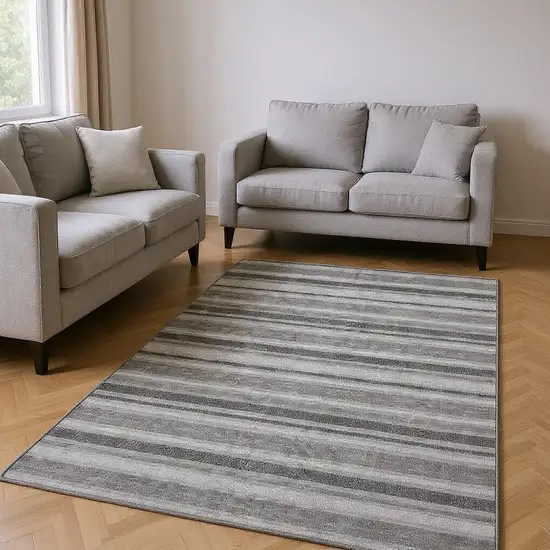 Silver And Gray Striped Washable Area Rug With UV Protection Photo 2