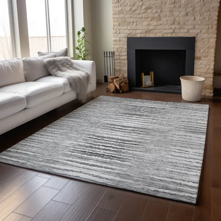 Silver And Gray Striped Washable Area Rug With UV Protection Photo 6