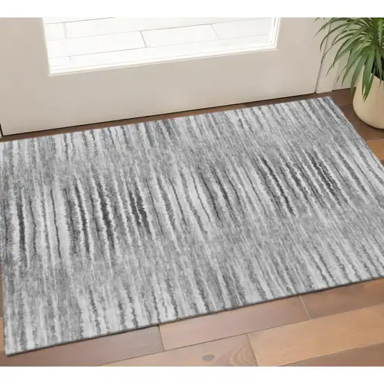 Silver And Gray Striped Washable Area Rug With UV Protection Photo 1