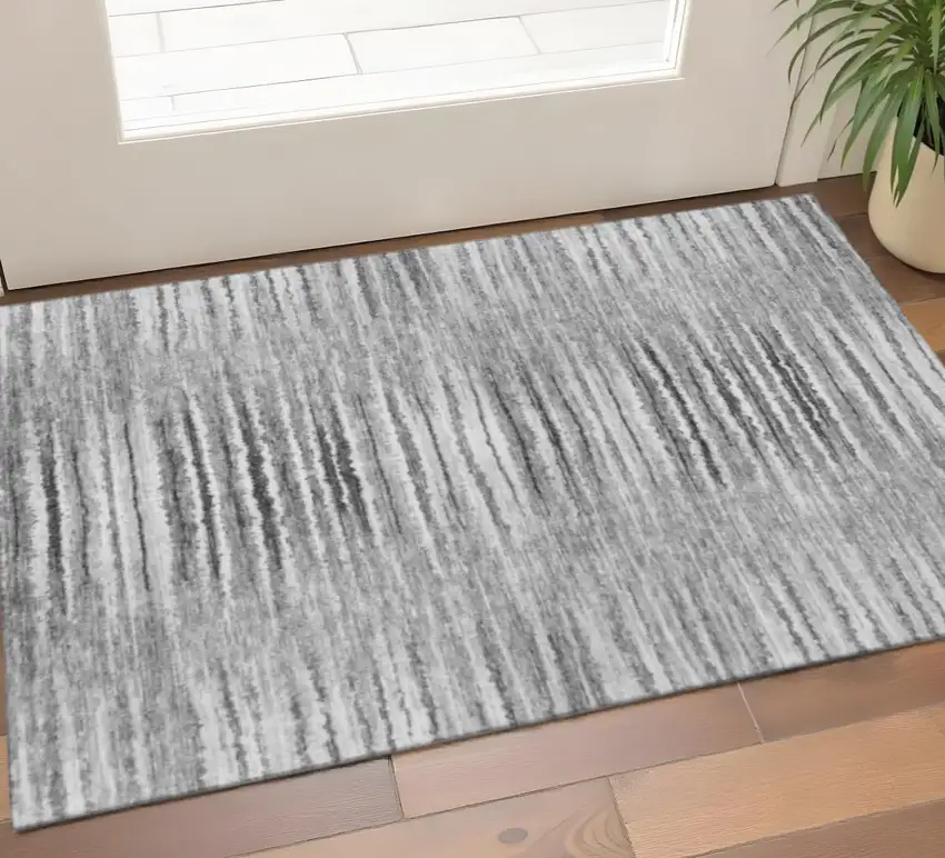 Silver And Gray Striped Washable Area Rug With UV Protection Photo 1