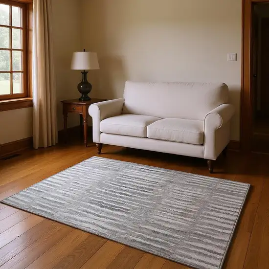 Silver And Gray Striped Washable Area Rug With UV Protection Photo 2