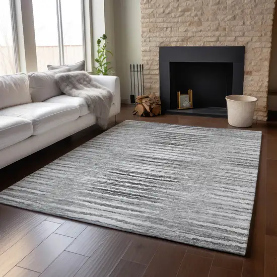 Silver And Gray Striped Washable Area Rug With UV Protection Photo 4