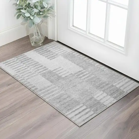 Silver And Gray Striped Washable Area Rug With UV Protection Photo 2