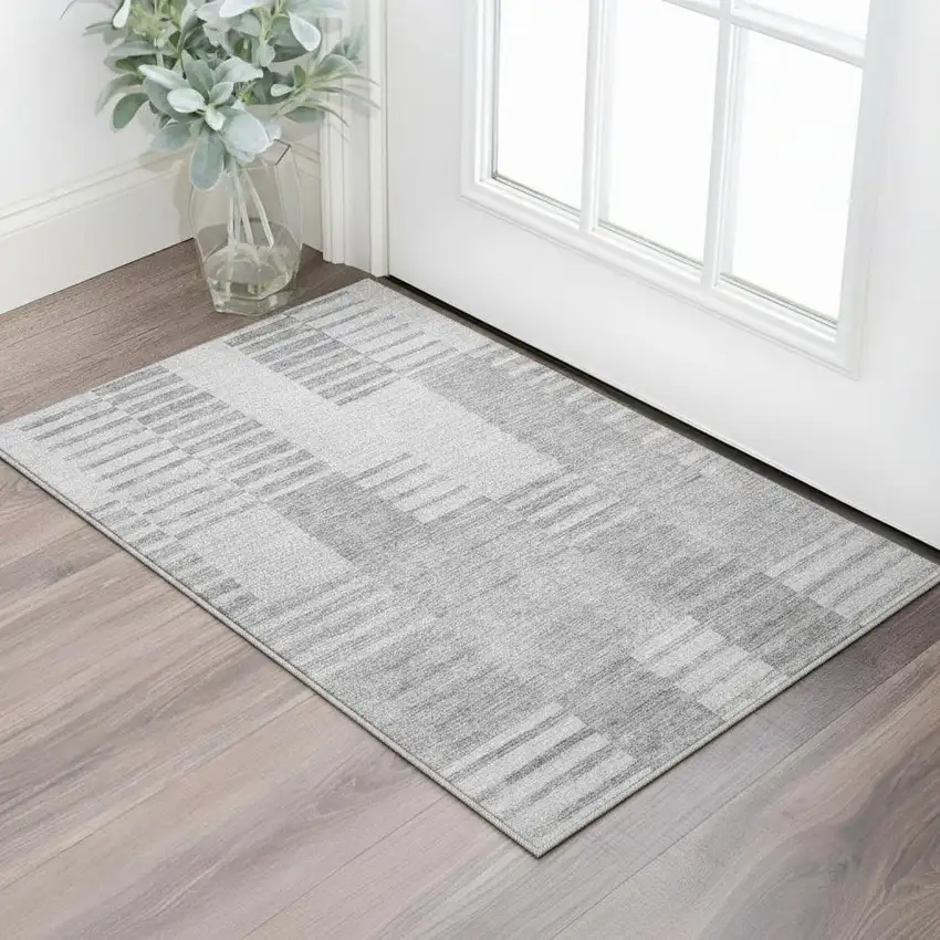 Silver And Gray Striped Washable Area Rug With UV Protection Photo 2