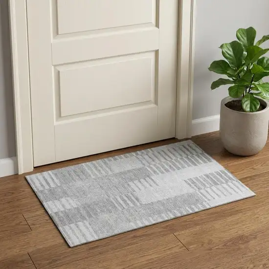 Silver And Gray Striped Washable Area Rug With UV Protection Photo 1