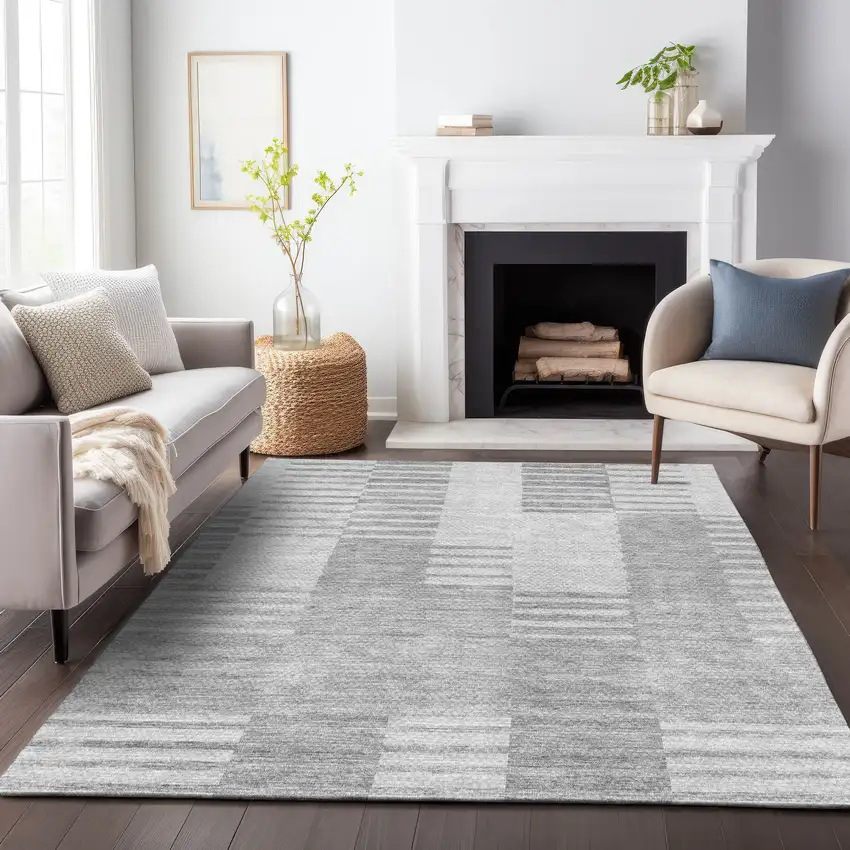 Silver And Gray Striped Washable Area Rug With UV Protection Photo 4