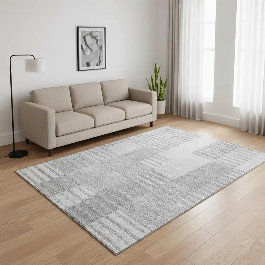 Silver And Gray Striped Washable Area Rug With UV Protection Photo 1