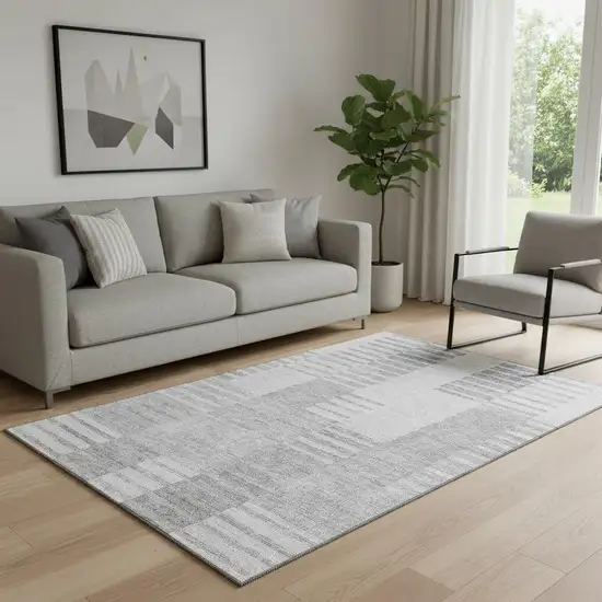 Silver And Gray Striped Washable Area Rug With UV Protection Photo 1