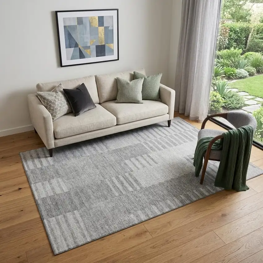 Silver And Gray Striped Washable Area Rug With UV Protection Photo 1