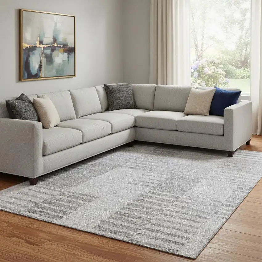 Silver And Gray Striped Washable Area Rug With UV Protection Photo 1