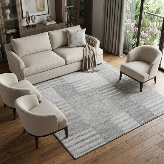 Silver And Gray Striped Washable Area Rug With UV Protection Photo 1