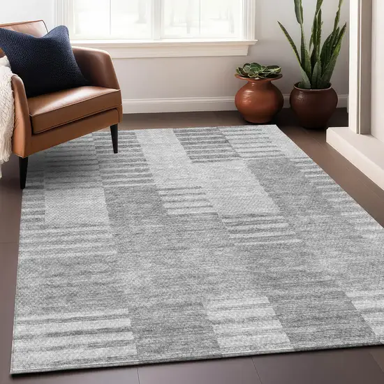 Silver And Gray Striped Washable Area Rug With UV Protection Photo 5