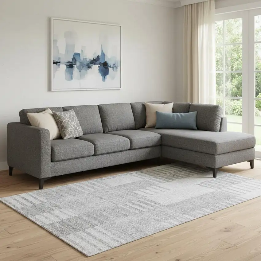 Silver And Gray Striped Washable Area Rug With UV Protection Photo 1