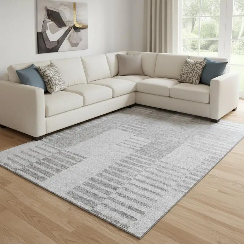 Silver And Gray Striped Washable Area Rug With UV Protection Photo 2