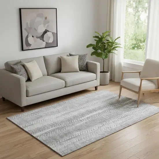 Silver And Gray Striped Washable Area Rug With UV Protection Photo 1