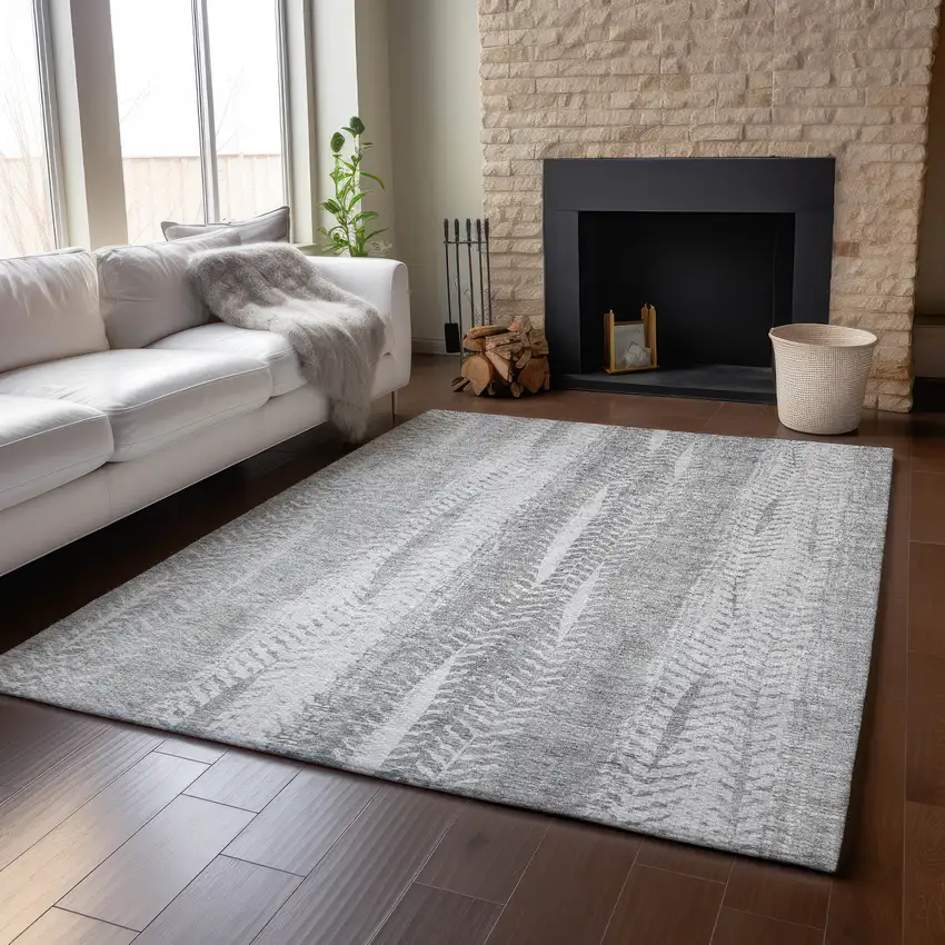 Silver And Gray Striped Washable Area Rug With UV Protection Photo 5